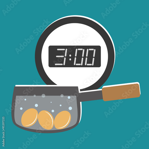 Three eggs boiling in a saucepan under a digital wall clock