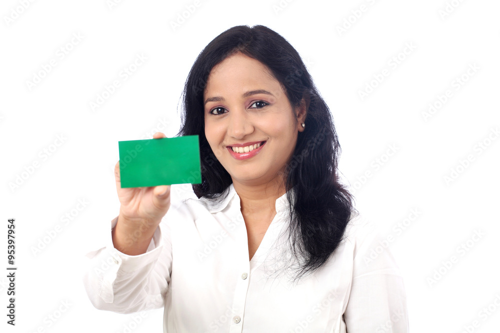Business Woman holding a blank card against white Business Woman holding a blank card against white