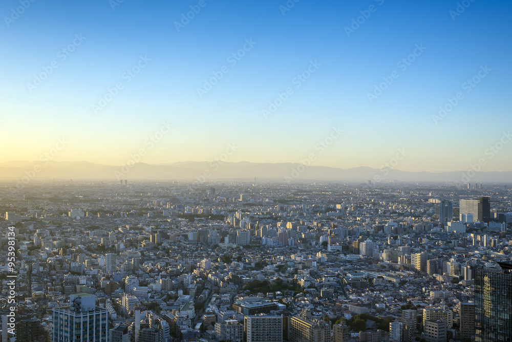 Tokyo city before the sun set from the aerial view from the top of building
