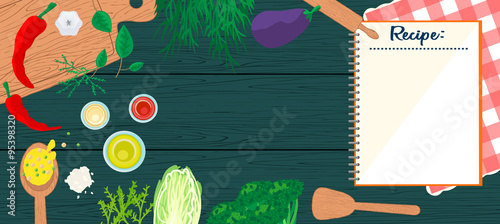 Cooking in kitchen top view banner. Food and utensils on wooden table - spatula  spoon  cutting board  towel  vegetables.