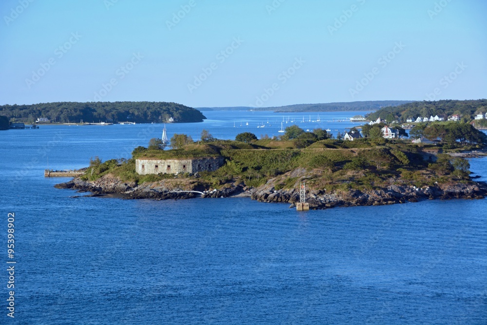 view of  Fort Gorges on Hog Island Ledge in the Casco Bay at the entrance to the harbor at Portland, Maine 
