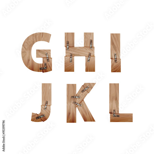 Alphabet made of wood bars connected with metal plates