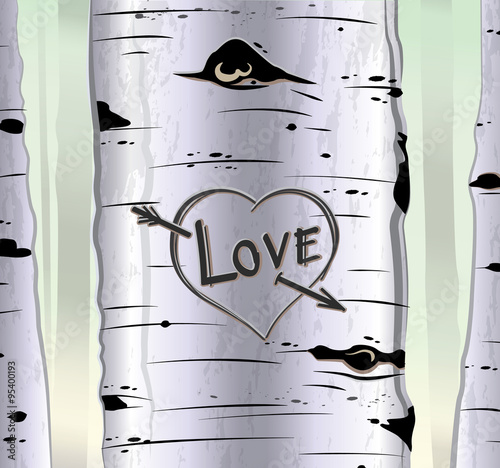 Birch tree card with heart and carved text love