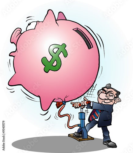 Vector cartoon illustration of a businessman inflated economy dollar