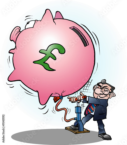 Vector cartoon illustration of a businessman inflated economy Pound