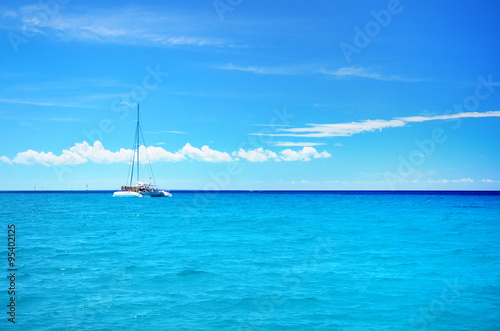 Sailing party catamaran in the blue carribean sea and cloudscape © Gerisima