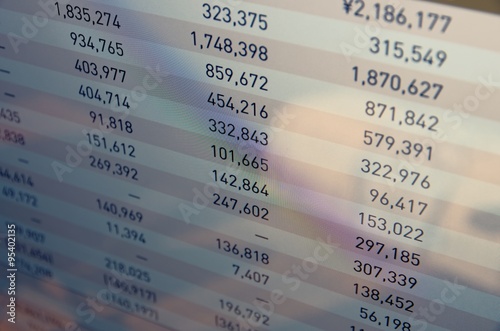 Close-up of financial data on PC screen. photo
