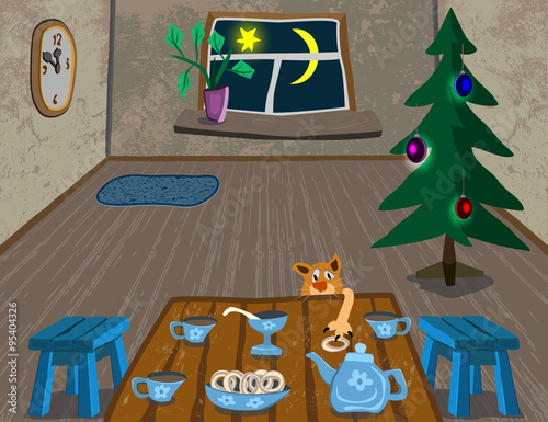
cozy room and tea on the table, the cunning cat steals donut, tree stands, wall clocks