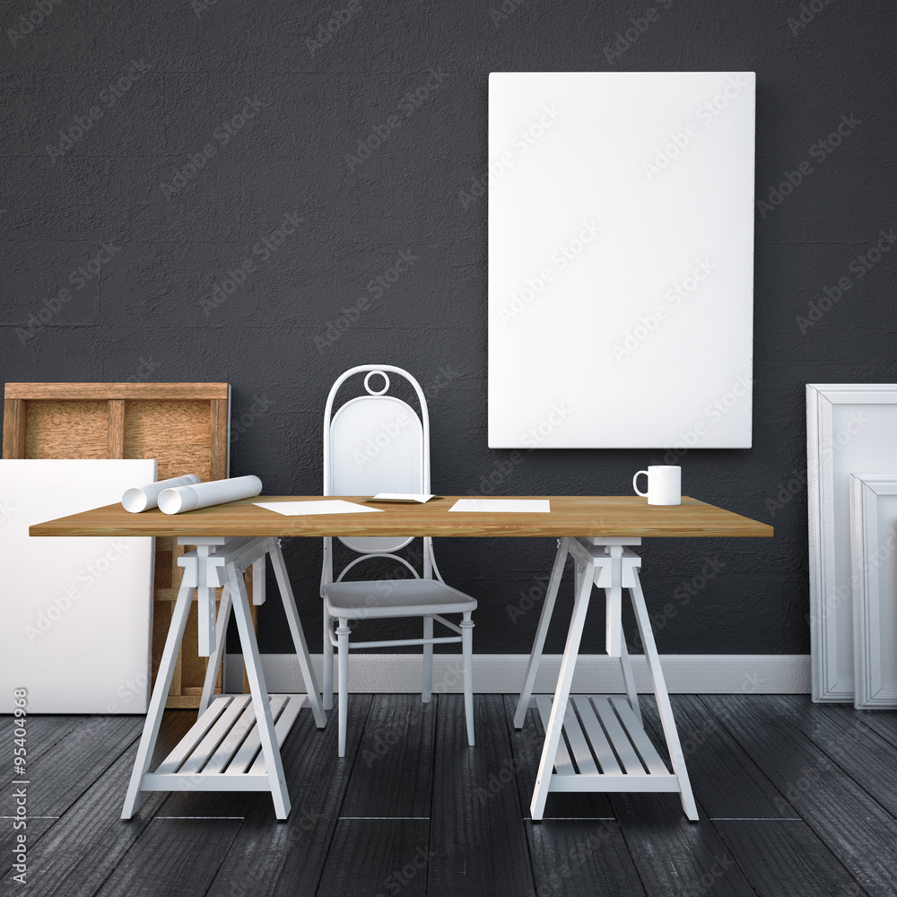 mockup interior 3d. Desk in hipster style. desktop and posters on the wall. mockup interior 3d. Desk in hipster style. desktop and posters on the wall.