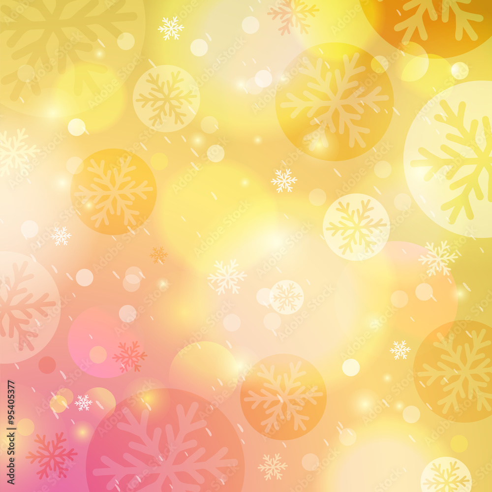Bright yellow background with bokeh and snowflakes, vector Bright yellow background with bokeh and snowflakes, vector
