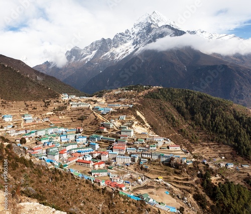 View of Namche bazar and mount thamserku photo