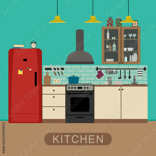 Kitchen interior in flat style.