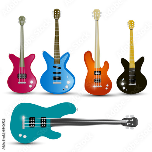 Guitars and Bass Guitars Set Isolated on White Background Vector