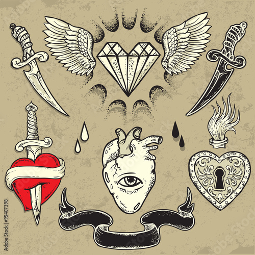 Set of Heart shaped tattoo elements