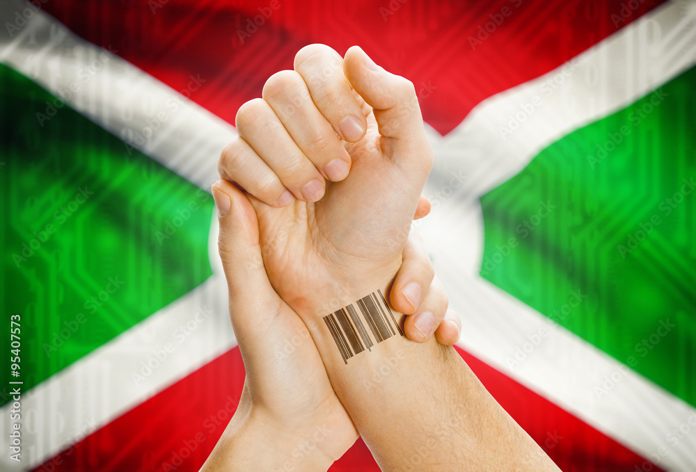 Barcode ID number on wrist and national flag on background - Burundi
