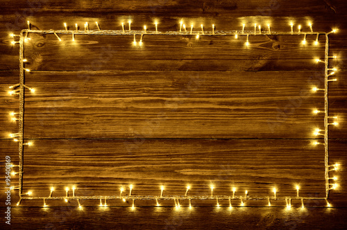 Garland Lights on Wood Background, Holiday Wooden Frame, Planks