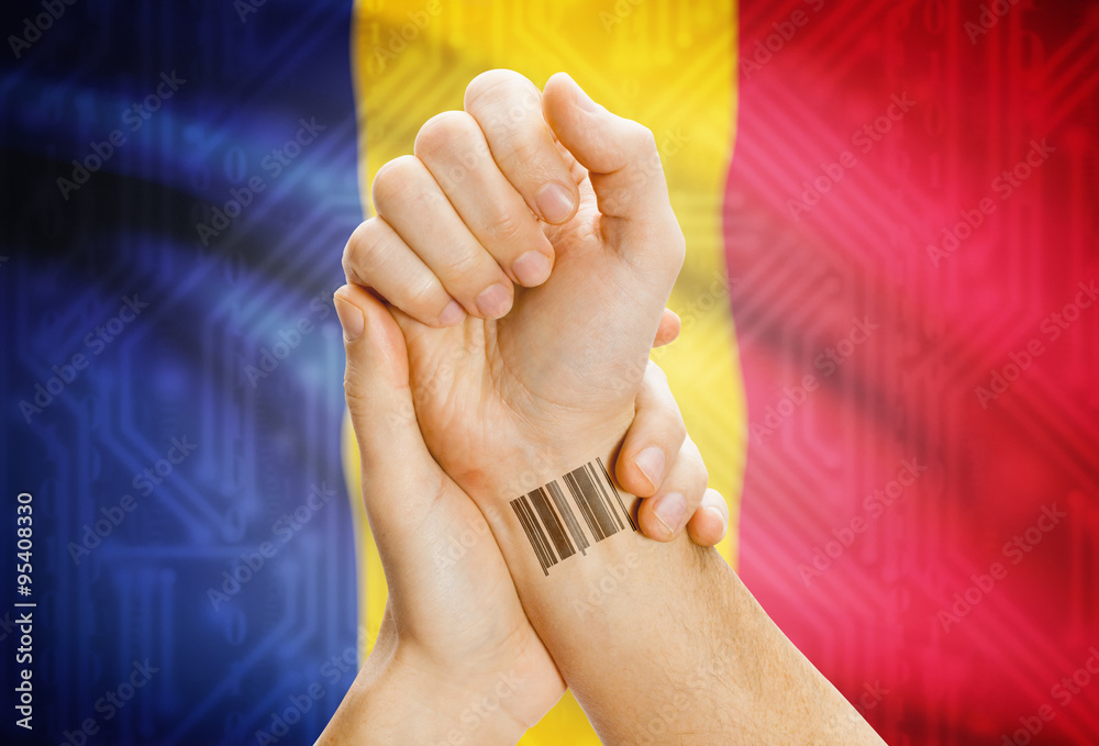 Barcode ID number on wrist and national flag on background - Romania