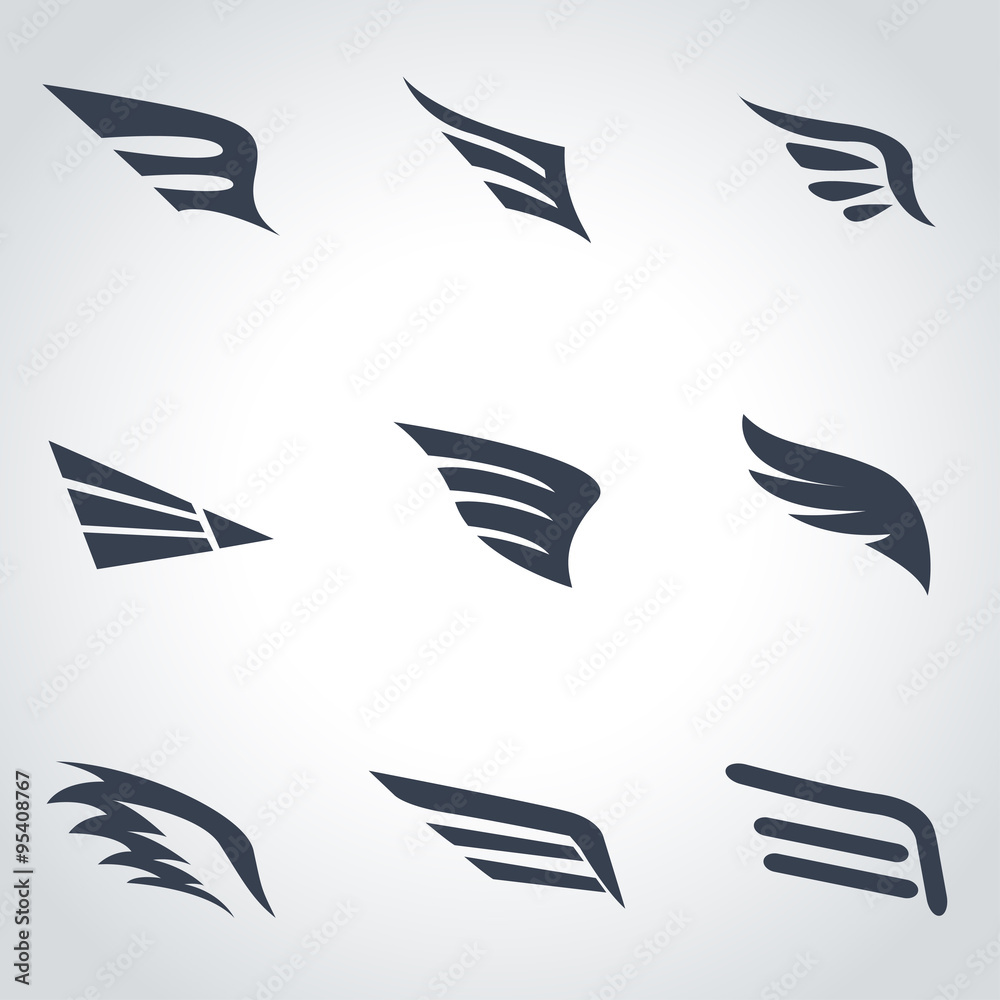 Vector black wing icon set. Wing Icon Object, Wing  Icon Picture, Wing Icon Image - stock vector