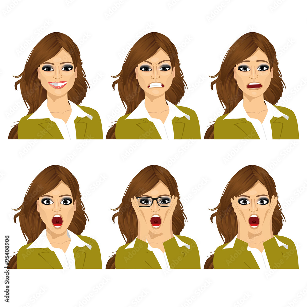 woman on six different face expressions set