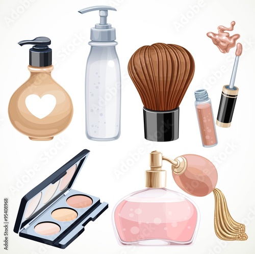 Set of cosmetics objects shadow brush, perfume, lipstick isolate