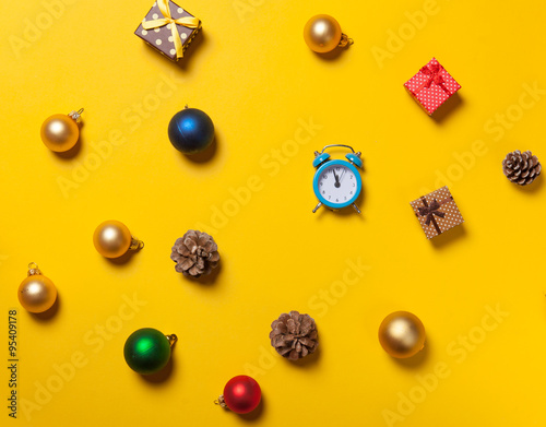 Little Alarm clock and gifts with baubles