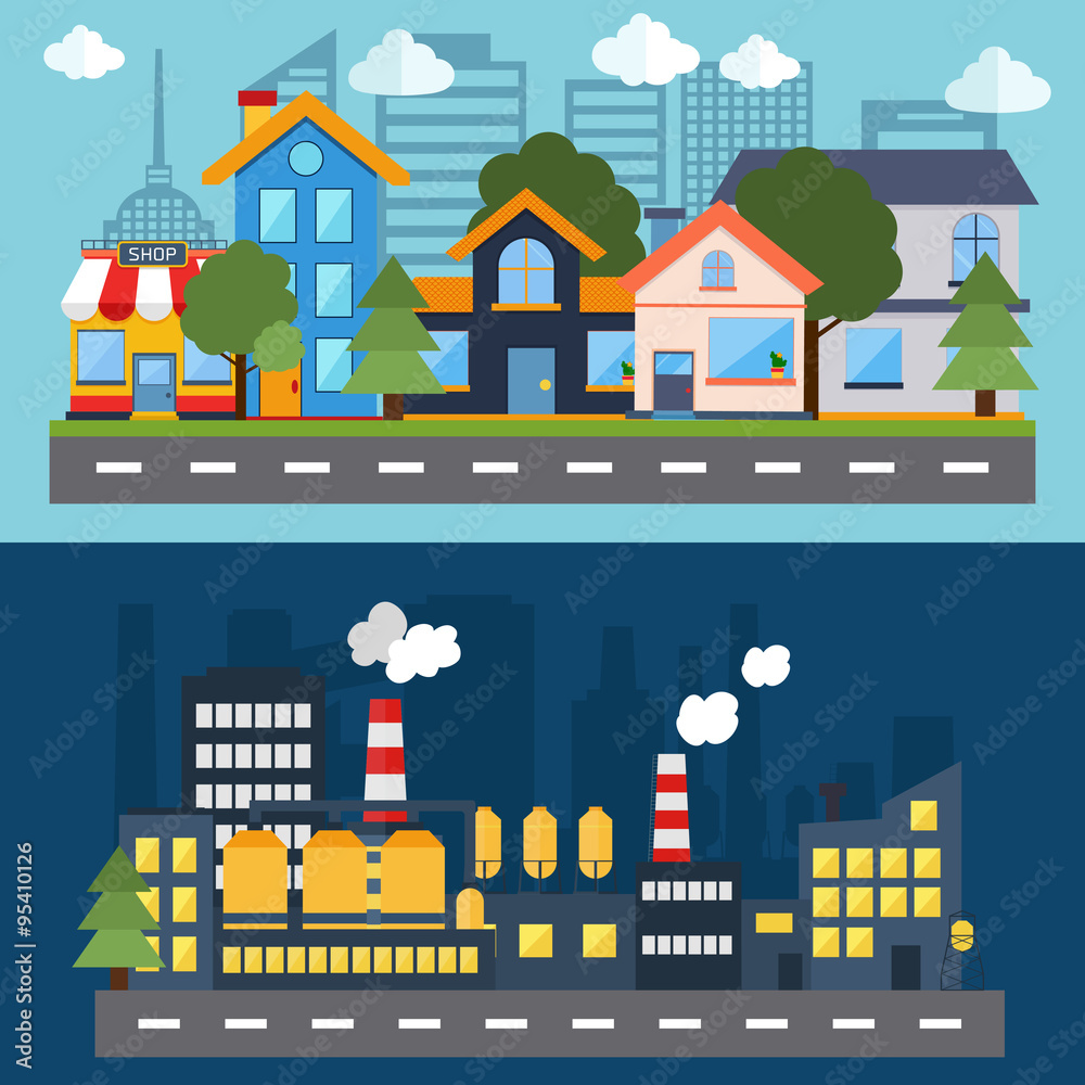 Set of color urban landscape and city life banners