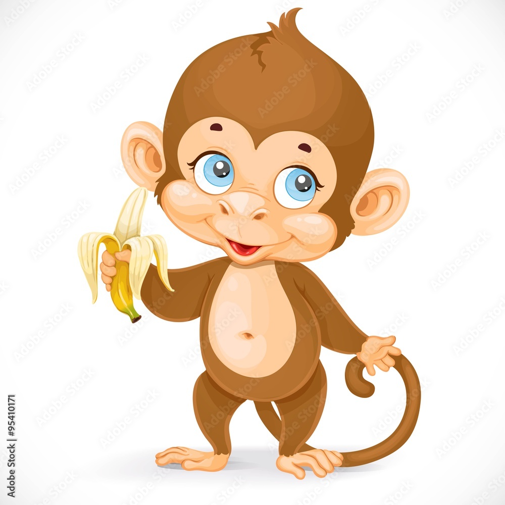 Obraz premium Cute baby monkey with banana stand on a white background