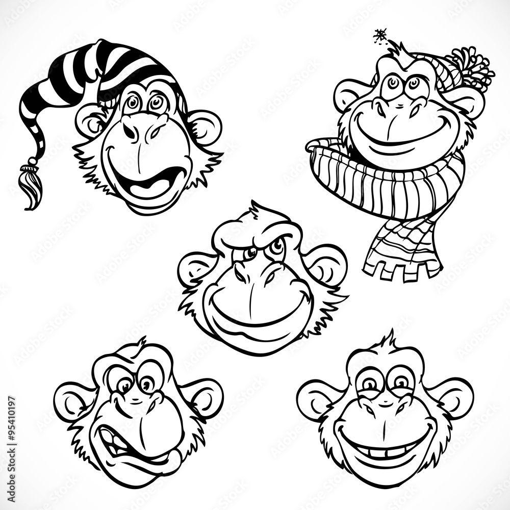 Cute monkey characters line art isolated on a white background