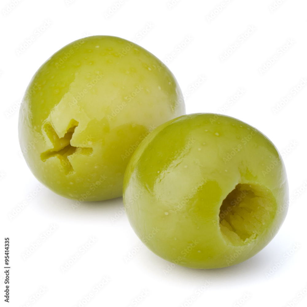 Obraz premium Green olives fruits isolated on white background cutout