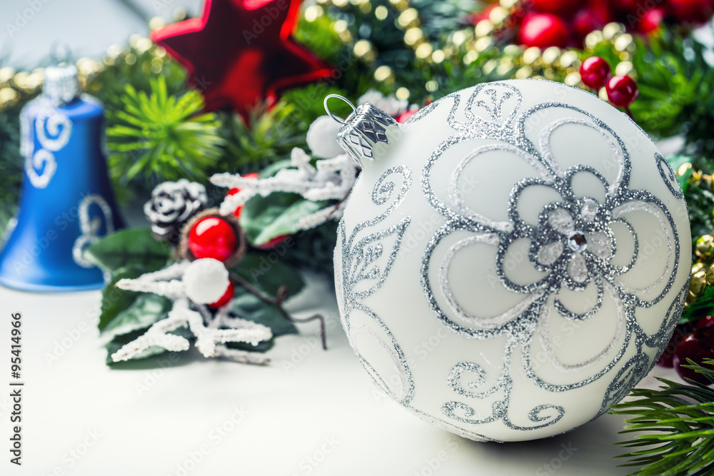 Christnas Time. Christmas card with ball fir and decor on glitter background.Xmas Christnas Time. Christmas card with ball fir and decor on glitter background.Xmas
