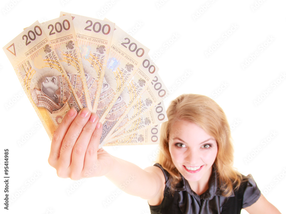 Business woman holding polish currency money banknote. Business woman holding polish currency money banknote.