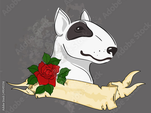 pitbull with tattoo styled ribbon and rose