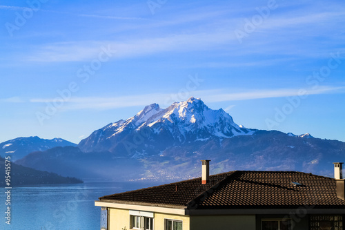 Panoramic skyline view of mount Pilatus over lake Lucern Switzer