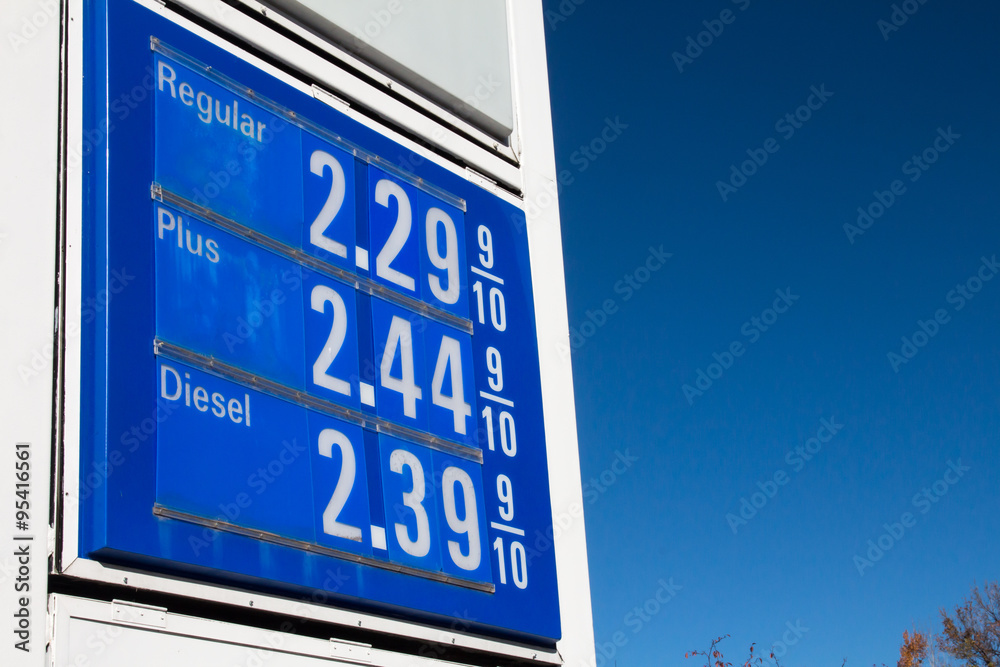 Blue gasoline sign for regular, plus and diesel