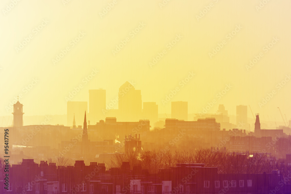 Lord Kelvin Retro Photo Filter - London Cityscape at Sunrise with early morning mist from Hampstead Heath looking towards Canary Wharf, England, UK