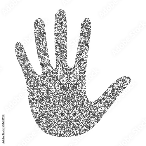 mehendi on the palm of a large and intricate pattern black on wh