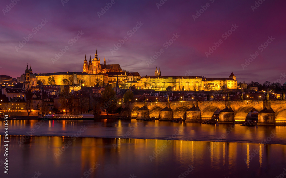 The city of Prague during sunset.