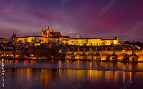 The city of Prague during sunset.
