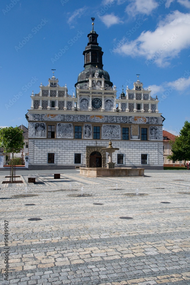 Town hall and fountain in town Stribro, western Bohemia, Czech republic