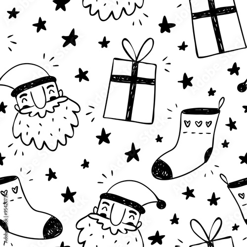 Sketchy vector seamless pattern with Santa Claus, socks and gift © zhevasylieva