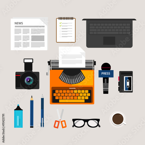 journalist press icon objects isolated vector camera type writer laptop microphone interview recorder note newspaper pen pencil