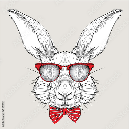 Image Portrait rabbit in the cravat and with glasses. Hand draw vector illustration.
