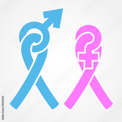 Blue and pink ribbons with male and female signs