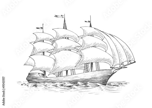 Sailing ship on the ocean with fluttering sails