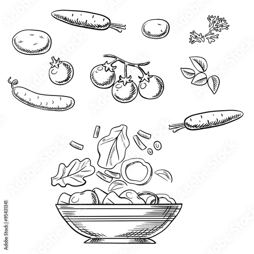 Cooking fresh healthy vegetarian salad sketch