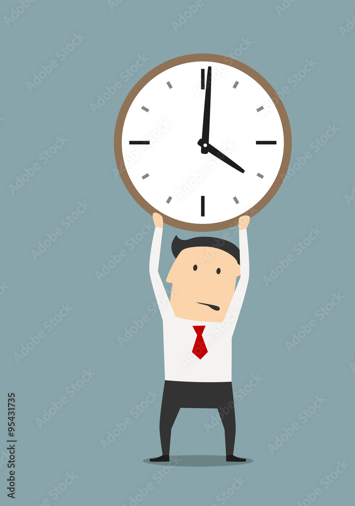 Businessman holding clock over head Businessman holding clock over head
