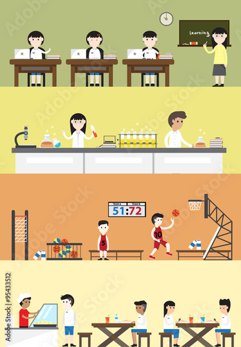 Cartoon school interior layout for science chemistry laboratory, sport gym physical education cafeteria canteen for student children banner (vector)