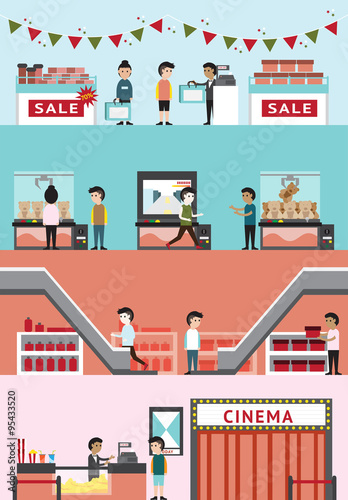 Cartoon department store mall building interior layout for cinema Christmas sale, game center, and gift shop with customer and employee banner background, create by vector 