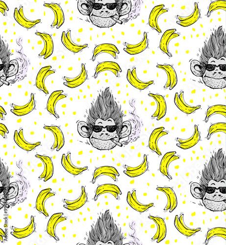 print, seamless pattern with smoking monkey face with glasses, banana, a symbol 2016, vector illustration