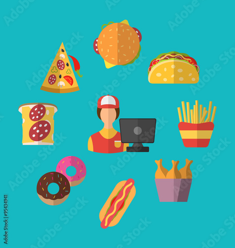 Set Fast Food Flat Icons with Cashier Seller